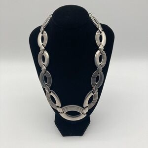 Vintage 80s Art Deco Revival Silver Tone Statement Bib Necklace Ribbed Geometric